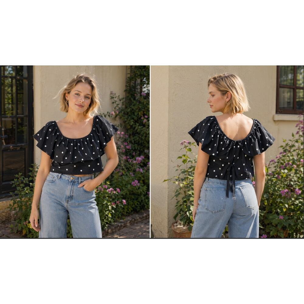 Womens Black White Polka Dot Off The Shoulder Ruffle Top Tie Waist Blouse XS